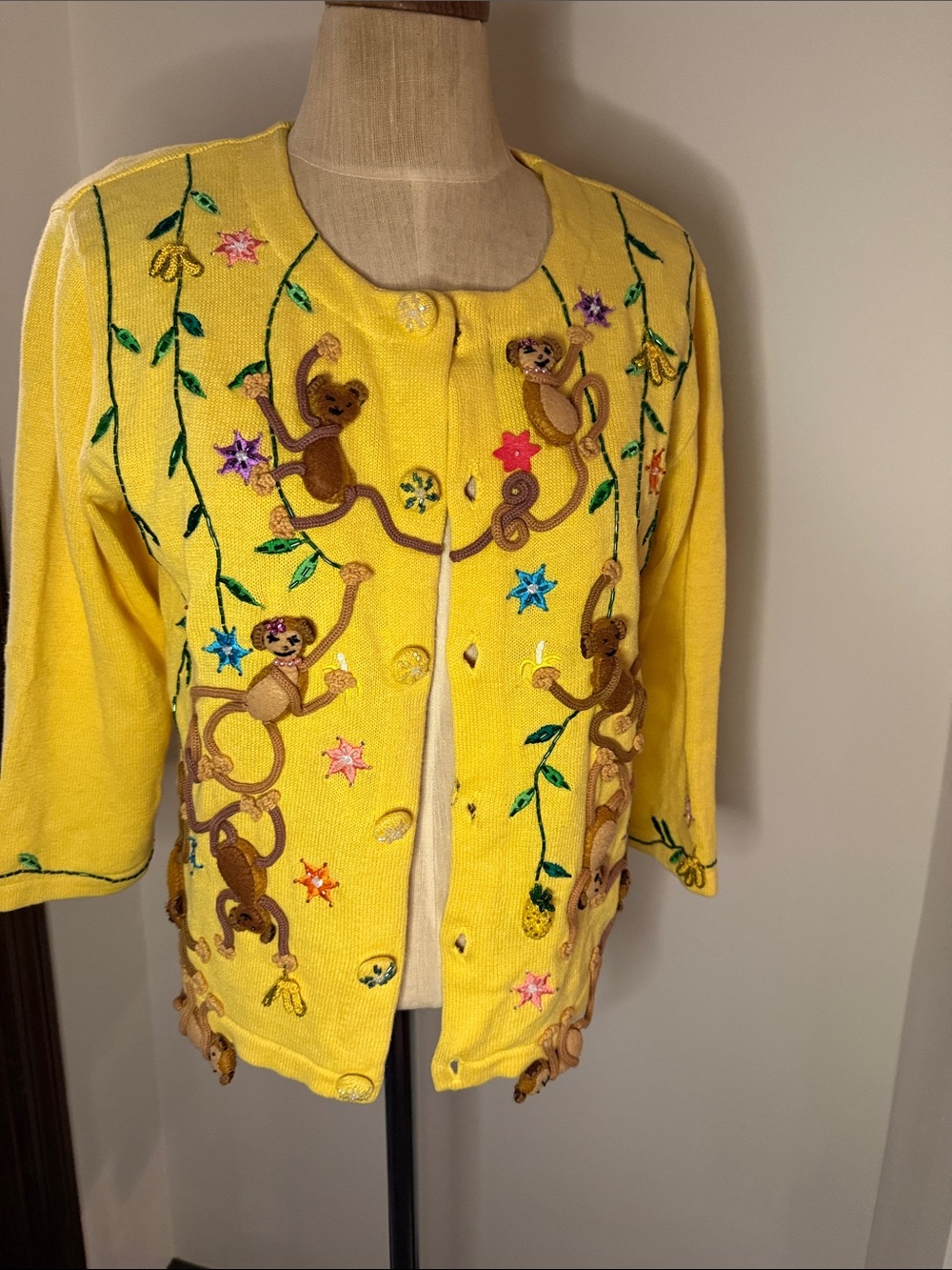 Yellow Embroidered Monkey Cardigan Jacket